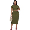 image:imageLYANER Womens 2 Piece Outfits Crew Neck Fringe Short Sleeve Crop Top and Tassel Trim Bodycon Midi Skirt SetSolid Army Green