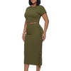 image:imageLYANER Womens 2 Piece Outfits Crew Neck Fringe Short Sleeve Crop Top and Tassel Trim Bodycon Midi Skirt SetSolid Army Green