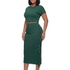 image:imageLYANER Womens 2 Piece Outfits Crew Neck Fringe Short Sleeve Crop Top and Tassel Trim Bodycon Midi Skirt SetSolid Dark Green