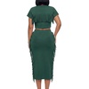 image:imageLYANER Womens 2 Piece Outfits Crew Neck Fringe Short Sleeve Crop Top and Tassel Trim Bodycon Midi Skirt SetSolid Dark Green