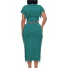 image:imageLYANER Womens 2 Piece Outfits Crew Neck Fringe Short Sleeve Crop Top and Tassel Trim Bodycon Midi Skirt SetTeal Blue