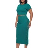 image:imageLYANER Womens 2 Piece Outfits Crew Neck Fringe Short Sleeve Crop Top and Tassel Trim Bodycon Midi Skirt SetTeal Blue
