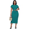 image:imageLYANER Womens 2 Piece Outfits Crew Neck Fringe Short Sleeve Crop Top and Tassel Trim Bodycon Midi Skirt SetTeal Blue