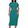 image:imageLYANER Womens 2 Piece Outfits Crew Neck Fringe Short Sleeve Crop Top and Tassel Trim Bodycon Midi Skirt SetTeal Blue