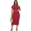 image:imageLYANER Womens 2 Piece Outfits Crew Neck Fringe Short Sleeve Crop Top and Tassel Trim Bodycon Midi Skirt SetWine Red