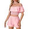 image:imageLYANER Womens 2 Piece Outfits Off Shoulder Ruffle Sleeve Shirred Crop Top Wide Leg Shorts SetPink