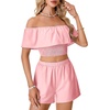 image:imageLYANER Womens 2 Piece Outfits Off Shoulder Ruffle Sleeve Shirred Crop Top Wide Leg Shorts SetPink