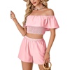 image:imageLYANER Womens 2 Piece Outfits Off Shoulder Ruffle Sleeve Shirred Crop Top Wide Leg Shorts SetPink
