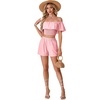 image:imageLYANER Womens 2 Piece Outfits Off Shoulder Ruffle Sleeve Shirred Crop Top Wide Leg Shorts SetPink