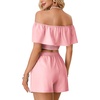image:imageLYANER Womens 2 Piece Outfits Off Shoulder Ruffle Sleeve Shirred Crop Top Wide Leg Shorts SetPink