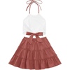 image:imageLYANER Womens 2 Piece Sets Summer Lace Halter Cami Crop Top and Mini Skirt Set Vacation Beach OutfitsCoral Red