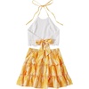 image:imageLYANER Womens 2 Piece Sets Summer Lace Halter Cami Crop Top and Mini Skirt Set Vacation Beach OutfitsYellow