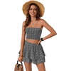 image:imageLYANER Womens 2 Piece Summer Outfits Boho Flora Print Crop Top Sleeveless Shirred Tube Top and Shorts SetsFloral Black
