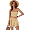 image:imageLYANER Womens 2 Piece Summer Outfits Boho Flora Print Crop Top Sleeveless Shirred Tube Top and Shorts SetsFloral Light Yellow