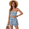 image:imageLYANER Womens 2 Piece Summer Outfits Boho Flora Print Crop Top Sleeveless Shirred Tube Top and Shorts SetsNavy Blue Print