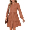 image:imageLYANER Womens Casual Long Sleeve Dress Crewneck Button Long Sleeve Tiered Flowy ALine Mini DressCaramel
