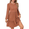 image:imageLYANER Womens Casual Long Sleeve Dress Crewneck Button Long Sleeve Tiered Flowy ALine Mini DressCaramel