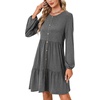 image:imageLYANER Womens Casual Long Sleeve Dress Crewneck Button Long Sleeve Tiered Flowy ALine Mini DressDark Grey