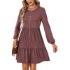 image:imageLYANER Womens Casual Long Sleeve Dress Crewneck Button Long Sleeve Tiered Flowy ALine Mini DressPurplish Red