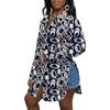 image:imageLYANER Womens Collar Neck Long Sleeve Button Down Shirts Sexy Split Hem Tops Long Blouse Shirt DressGeometric Navy