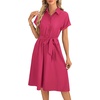 image:imageLYANER Womens Collar V Neck Button Front Tie Waist Short Sleeve Ruffle Hem Flowy Midi Dresses Rose Red Large