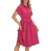 image:imageLYANER Womens Collar V Neck Button Front Tie Waist Short Sleeve Ruffle Hem Flowy Midi Dresses Rose Red Large