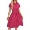 image:imageLYANER Womens Collar V Neck Button Front Tie Waist Short Sleeve Ruffle Hem Flowy Midi Dresses Rose Red Large