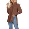 image:imageLYANER Womens Collar V Neck Split Hem Button Down Long Sleeve Long Shirt Blouse Tunic TopBrown