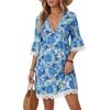 image:imageLYANER Womens Floral V Neck 34 Sleeve Lace Trim Ruched Ruffle Beach Vacation Mini SundressBlue