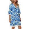image:imageLYANER Womens Floral V Neck 34 Sleeve Lace Trim Ruched Ruffle Beach Vacation Mini SundressBlue