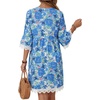 image:imageLYANER Womens Floral V Neck 34 Sleeve Lace Trim Ruched Ruffle Beach Vacation Mini SundressBlue