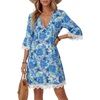 image:imageLYANER Womens Floral V Neck 34 Sleeve Lace Trim Ruched Ruffle Beach Vacation Mini SundressBlue