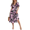 image:imageLYANER Womens Floral Wrap V Neck Tie Waist Short Sleeve Ruffle Hem Swing Midi DressBlack