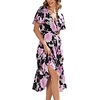image:imageLYANER Womens Floral Wrap V Neck Tie Waist Short Sleeve Ruffle Hem Swing Midi DressBlack