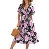 image:imageLYANER Womens Floral Wrap V Neck Tie Waist Short Sleeve Ruffle Hem Swing Midi DressBlack