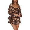 image:imageLYANER Womens Jumpsuit Lantern Long Sleeve Ruffle Layer Tie Mini Short RomperBlack Printed