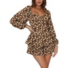 image:imageLYANER Womens Jumpsuit Lantern Long Sleeve Ruffle Layer Tie Mini Short RomperBrown Printed