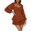 image:imageLYANER Womens Jumpsuit Lantern Long Sleeve Ruffle Layer Tie Mini Short RomperCaramel