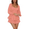 image:imageLYANER Womens Jumpsuit Lantern Long Sleeve Ruffle Layer Tie Mini Short RomperCoral Pink