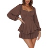 image:imageLYANER Womens Jumpsuit Lantern Long Sleeve Ruffle Layer Tie Mini Short RomperDark Brown