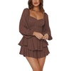 image:imageLYANER Womens Jumpsuit Lantern Long Sleeve Ruffle Layer Tie Mini Short RomperDark Brown