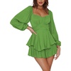image:imageLYANER Womens Jumpsuit Lantern Long Sleeve Ruffle Layer Tie Mini Short RomperGrass Green