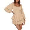 image:imageLYANER Womens Jumpsuit Lantern Long Sleeve Ruffle Layer Tie Mini Short RomperKhaki
