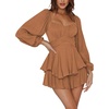 image:imageLYANER Womens Jumpsuit Lantern Long Sleeve Ruffle Layer Tie Mini Short RomperLight Brown