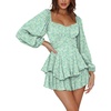 image:imageLYANER Womens Jumpsuit Lantern Long Sleeve Ruffle Layer Tie Mini Short RomperLight Green Printed