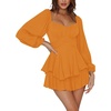 image:imageLYANER Womens Jumpsuit Lantern Long Sleeve Ruffle Layer Tie Mini Short RomperOrange