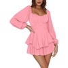 image:imageLYANER Womens Jumpsuit Lantern Long Sleeve Ruffle Layer Tie Mini Short RomperPink