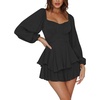 image:imageLYANER Womens Jumpsuit Lantern Long Sleeve Ruffle Layer Tie Mini Short RomperPure Black