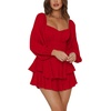 image:imageLYANER Womens Jumpsuit Lantern Long Sleeve Ruffle Layer Tie Mini Short RomperRed
