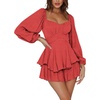 image:imageLYANER Womens Jumpsuit Lantern Long Sleeve Ruffle Layer Tie Mini Short RomperRed Printed